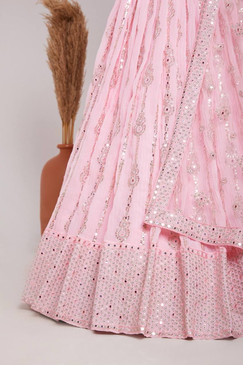 Baby Pink Elegant Heavy Georgette Embroidered Lehenga Set with Sequins & Butterfly Net Dupatta