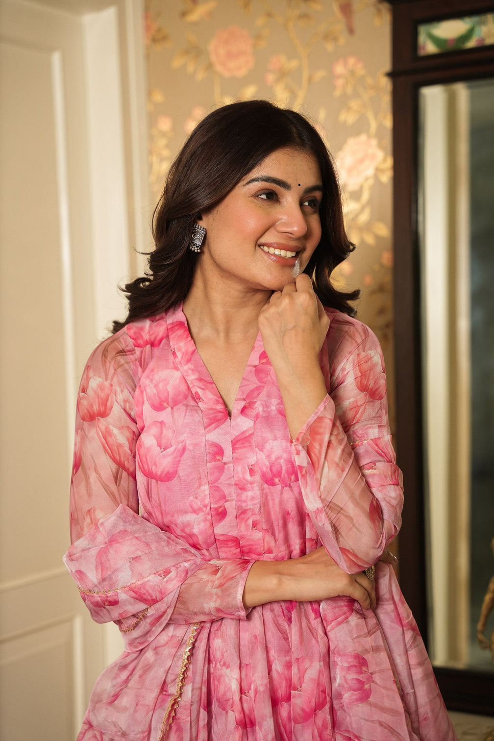 Baby Pink Graceful Printed Three-Piece Anarkali Suit