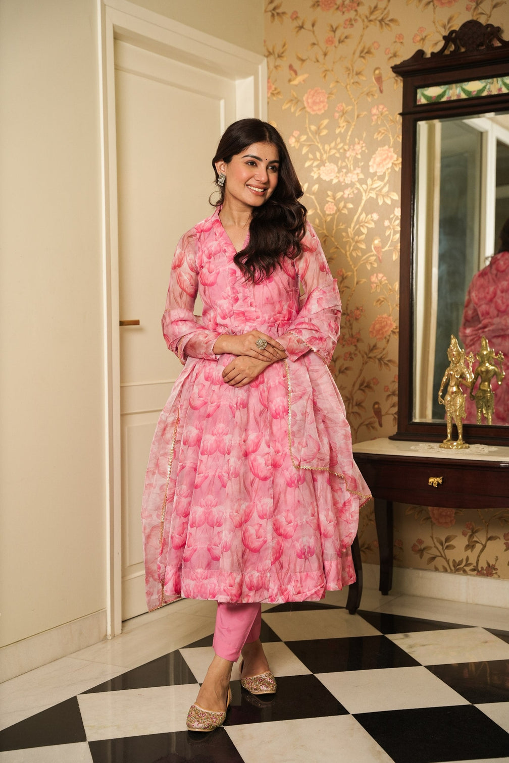 Baby Pink Graceful Printed Three-Piece Anarkali Suit