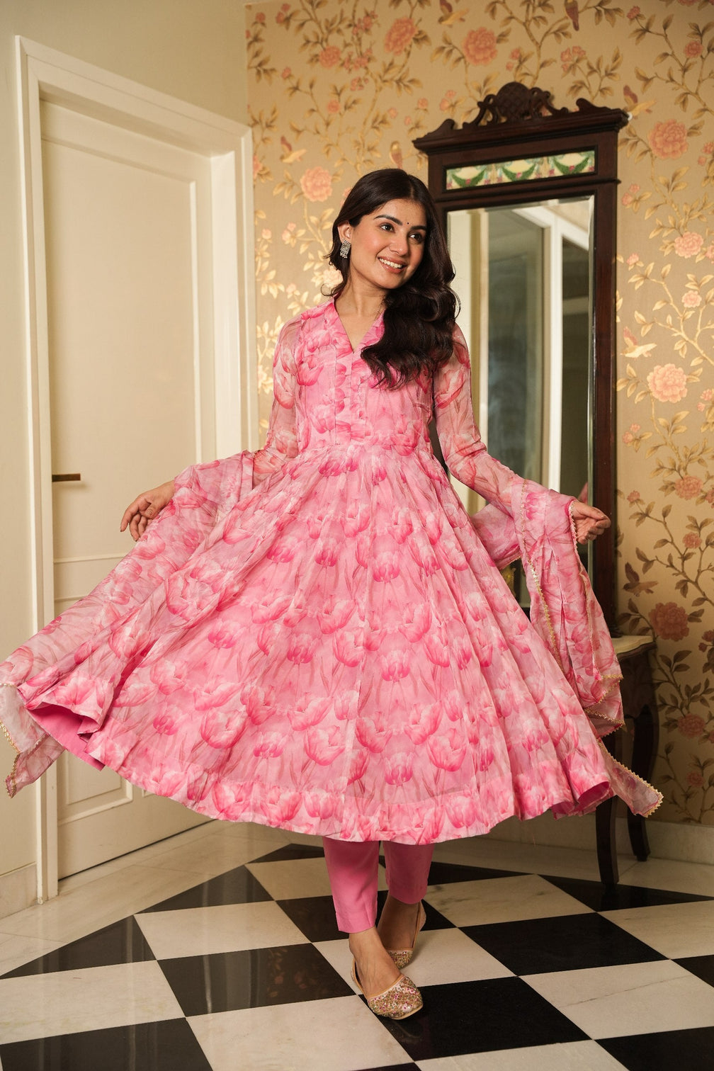 Baby Pink Graceful Printed Three-Piece Anarkali Suit