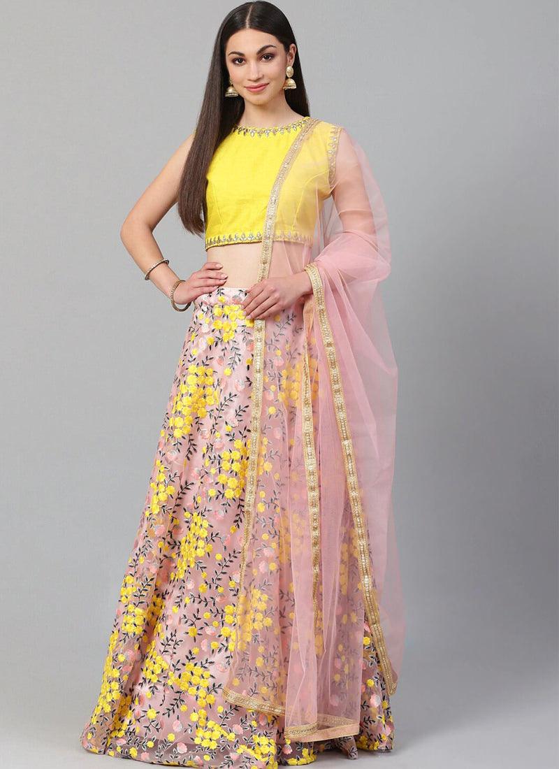 Baby Pink Heavily Embroidered Floral Motif Resham Lehenga Choli