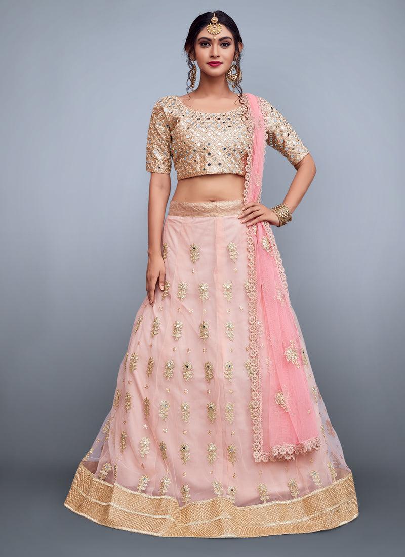 Baby Pink Mirror Work Net Base Lehenga Choli Set