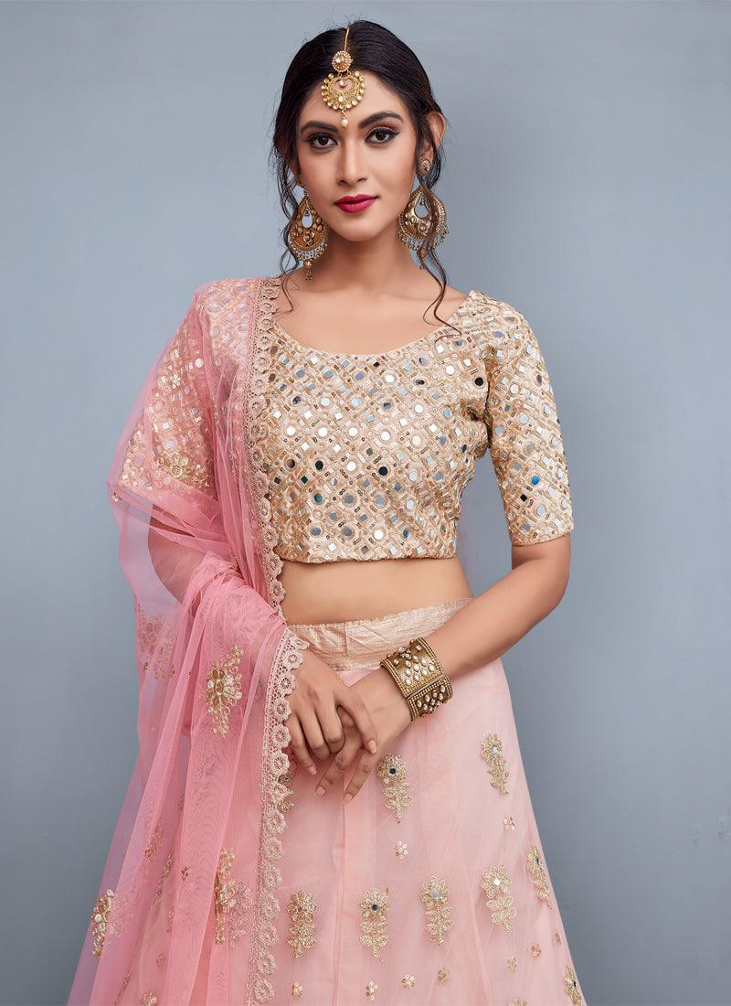 Baby Pink Mirror Work Net Base Lehenga Choli Set