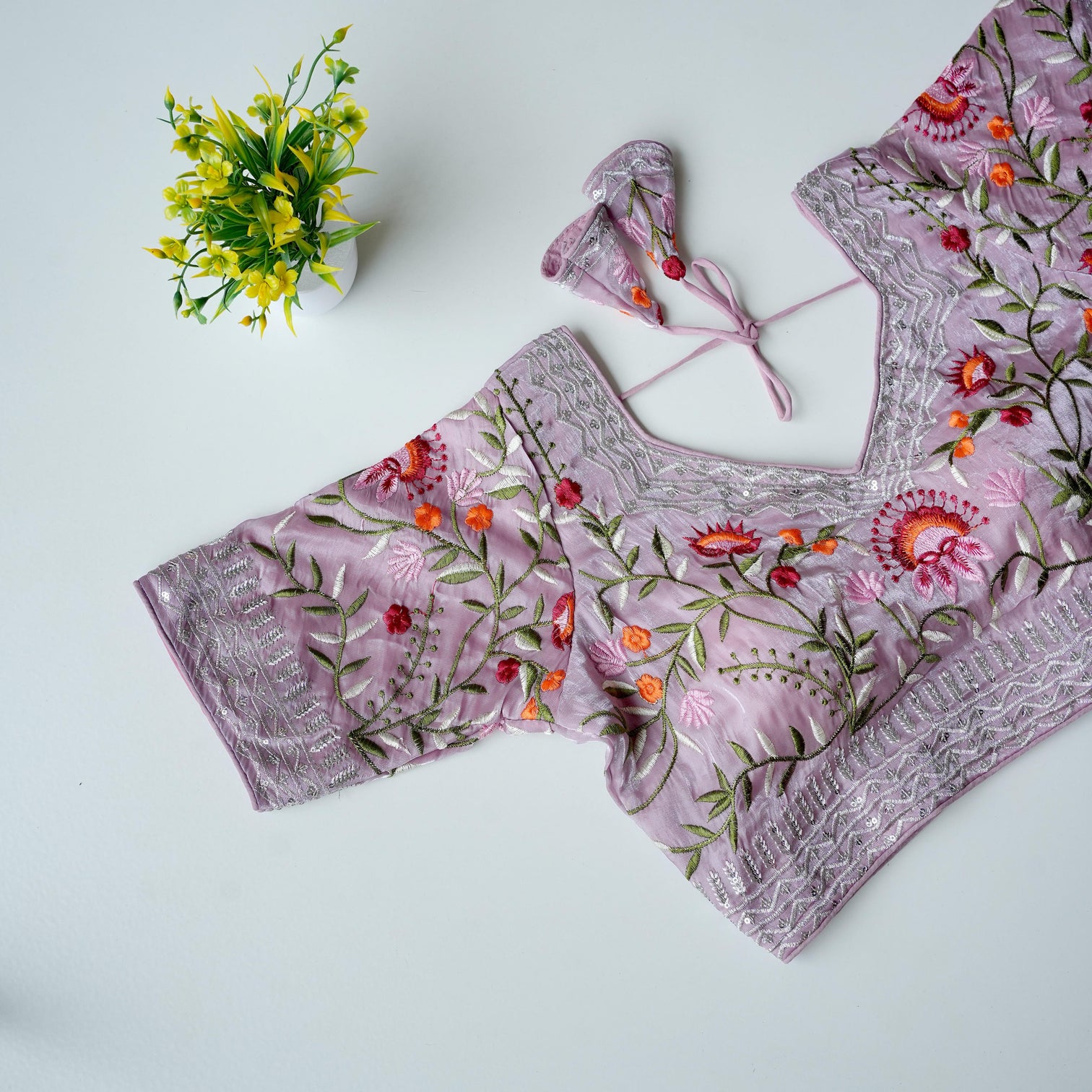 Baby Pink Multi-Color Embroidered Silk Blouse