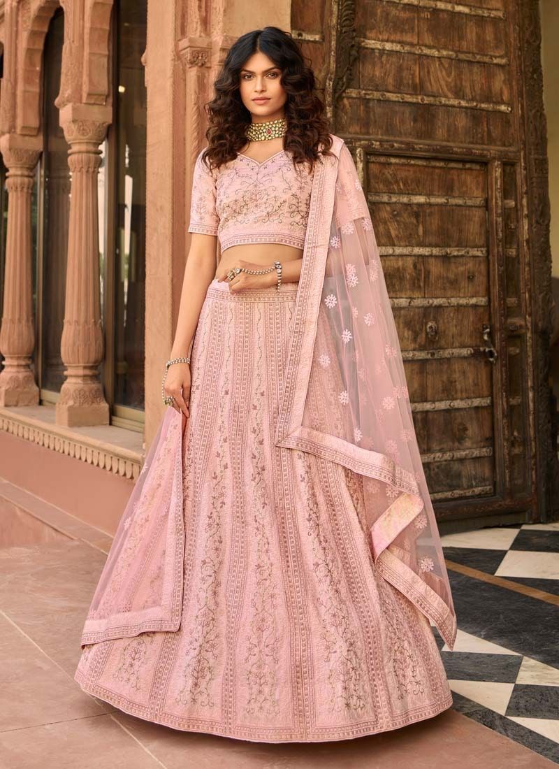 Baby Pink Organza Zari And Resham Work Lehenga