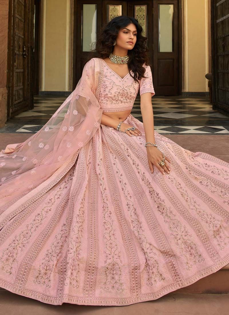 Baby Pink Organza Zari And Resham Work Lehenga