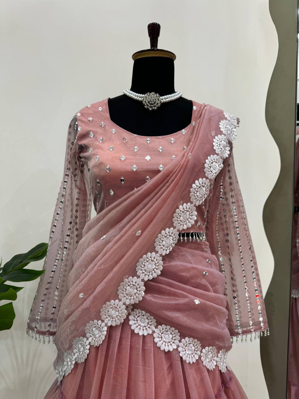 Baby Pink Ready-to-Wear Twill Organza Lehenga Saree