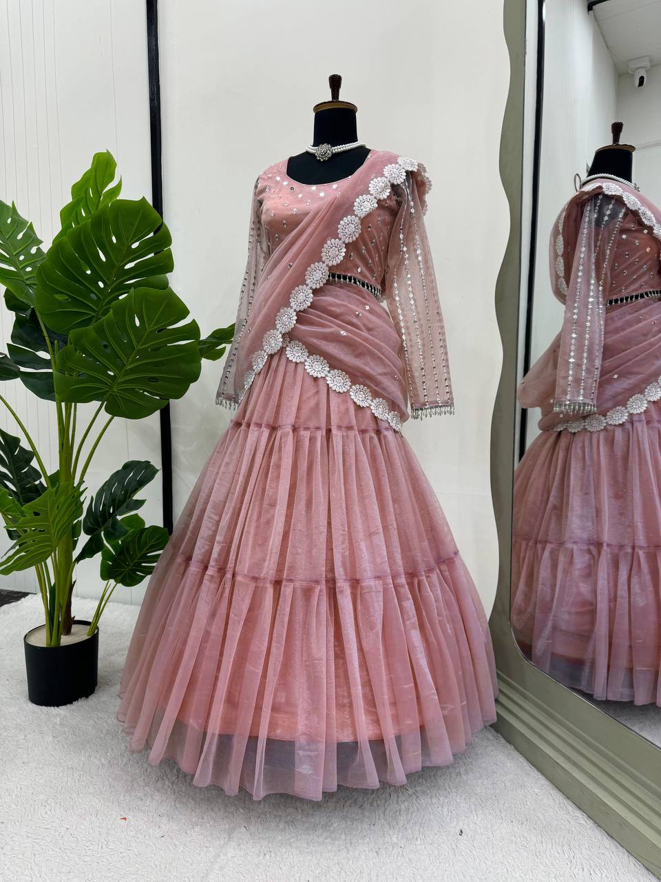 Baby Pink Ready-to-Wear Twill Organza Lehenga Saree