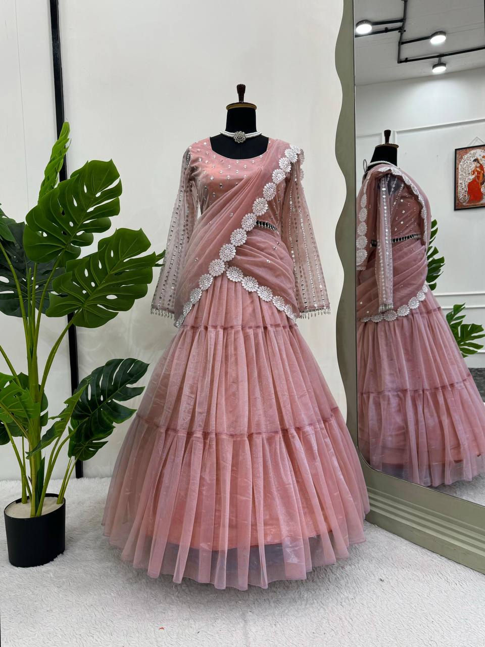 Baby Pink Ready-to-Wear Twill Organza Lehenga Saree