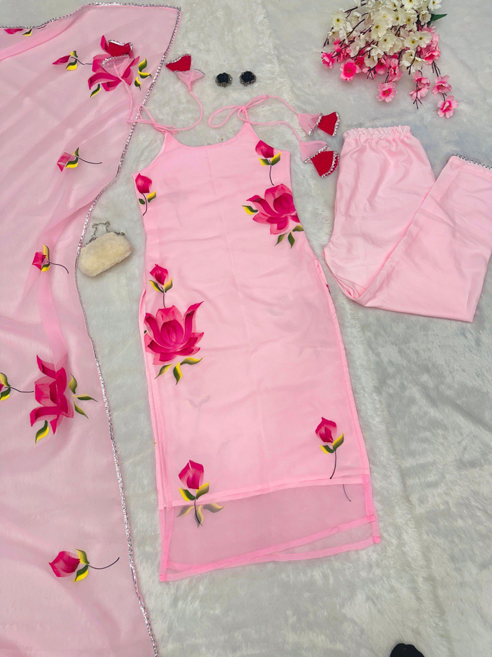 Baby Pink Exclusive Floral Handpainted Straight Cut Suit