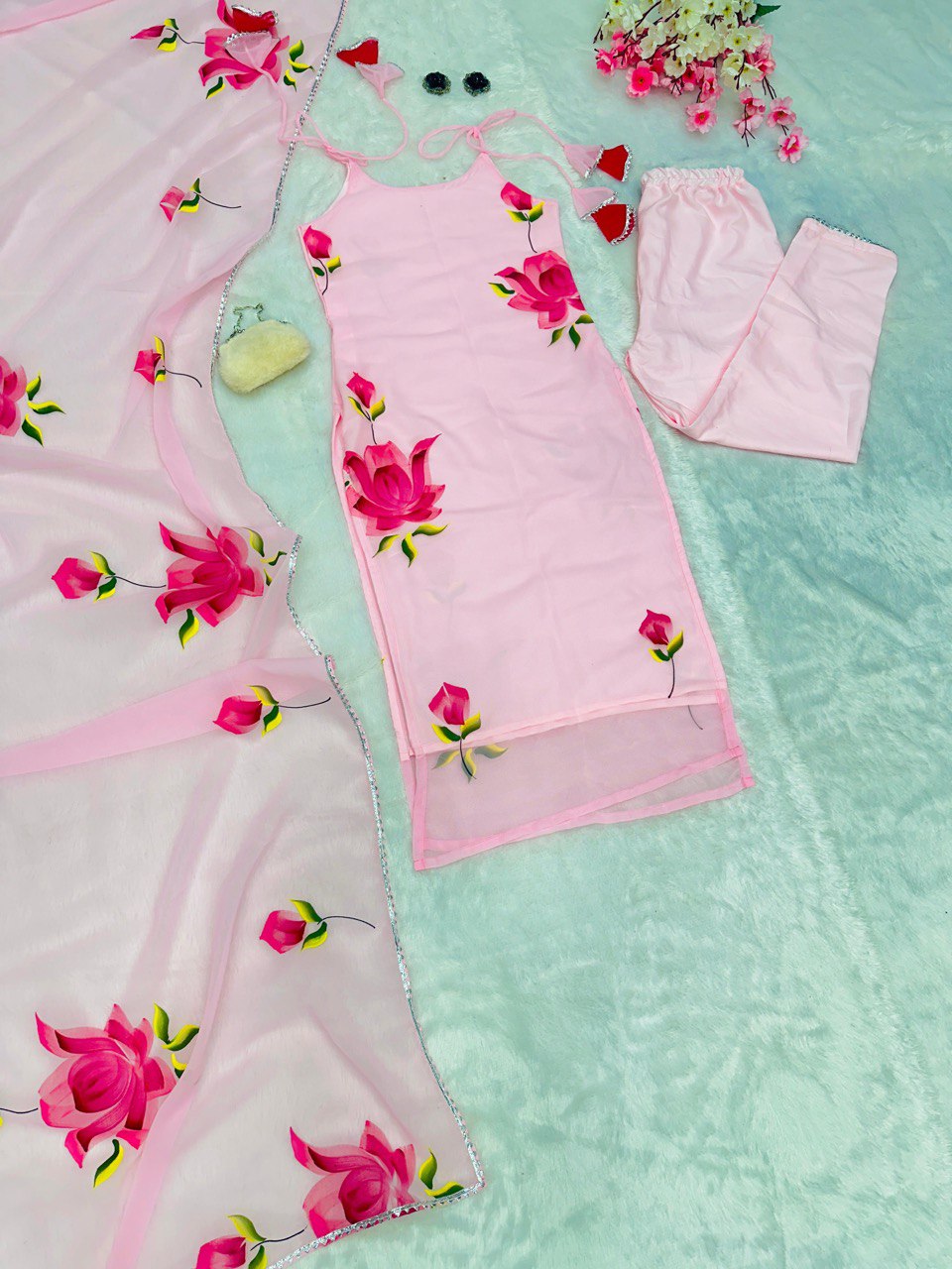Baby Pink Exclusive Floral Handpainted Straight Cut Suit