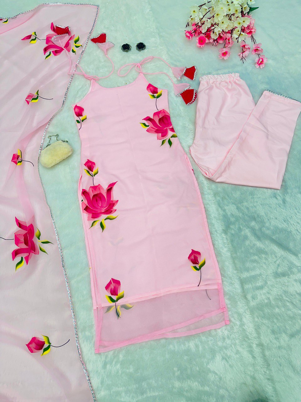 Baby Pink Exclusive Floral Handpainted Straight Cut Suit