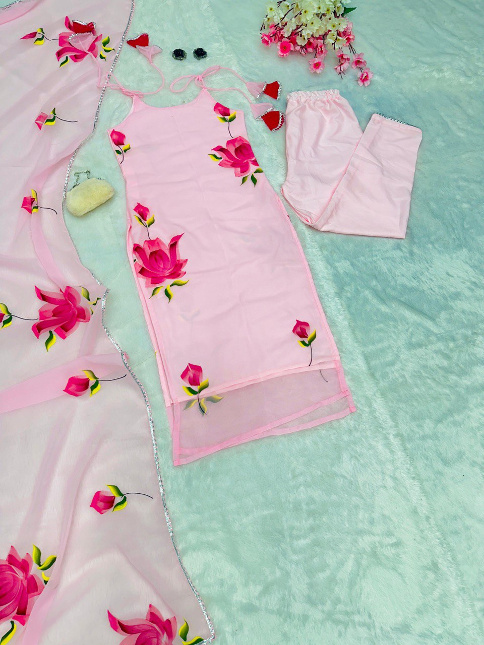 Baby Pink Exclusive Floral Handpainted Straight Cut Suit