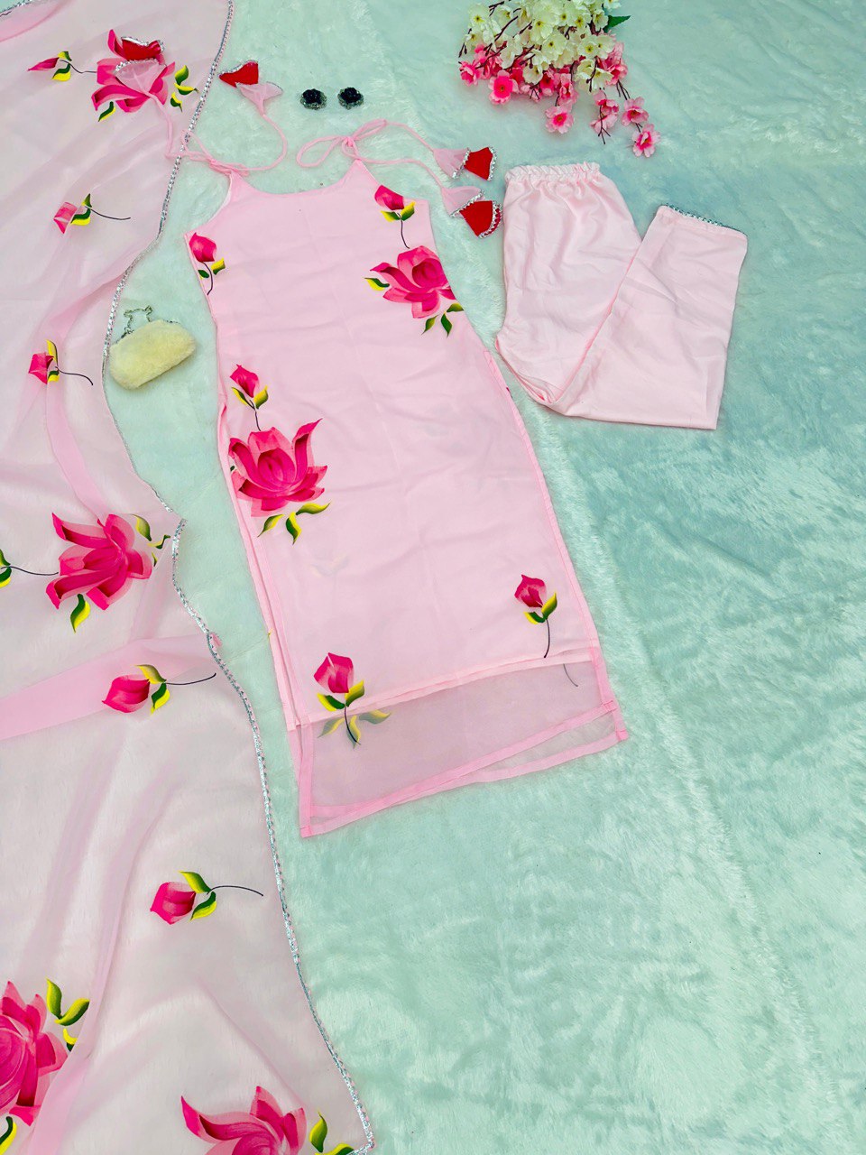 Baby Pink Exclusive Floral Handpainted Straight Cut Suit
