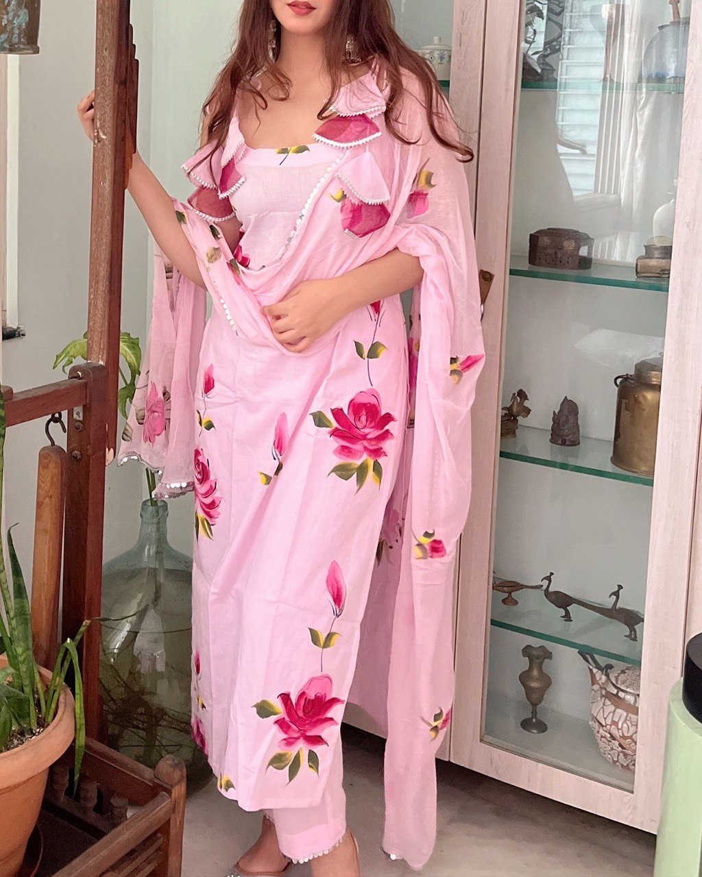 Baby Pink Exclusive Floral Handpainted Straight Cut Suit