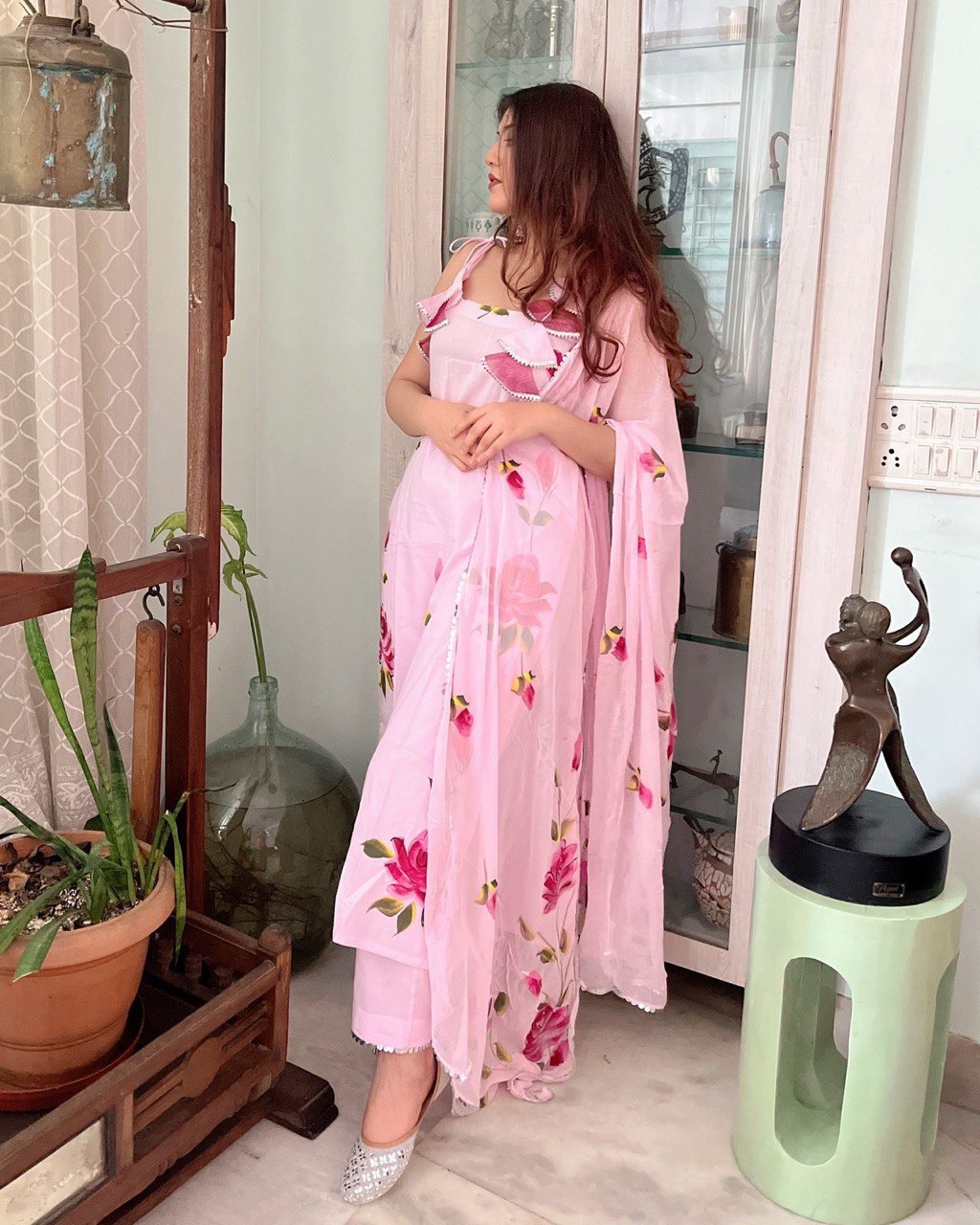 Baby Pink Exclusive Floral Handpainted Straight Cut Suit