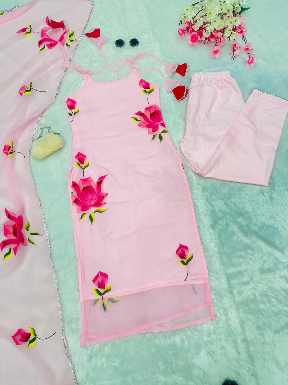 Baby Pink Exclusive Floral Handpainted Straight Cut Suit