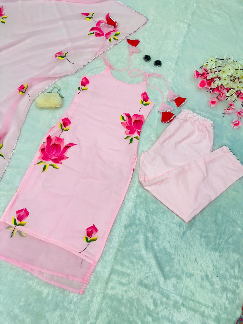 Baby Pink Exclusive Floral Handpainted Straight Cut Suit