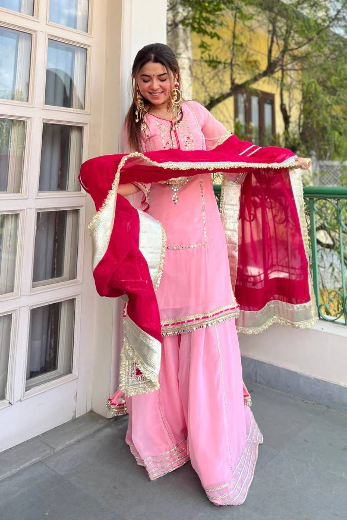 Baby Pink Silk Sharara Suit with Lace Work