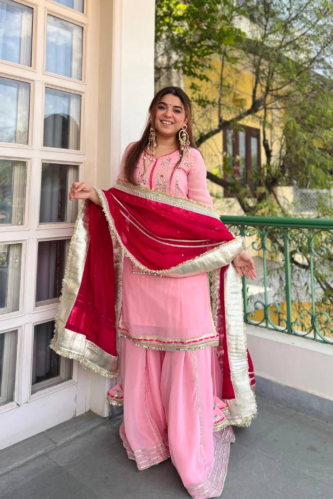 Baby Pink Silk Sharara Suit with Lace Work
