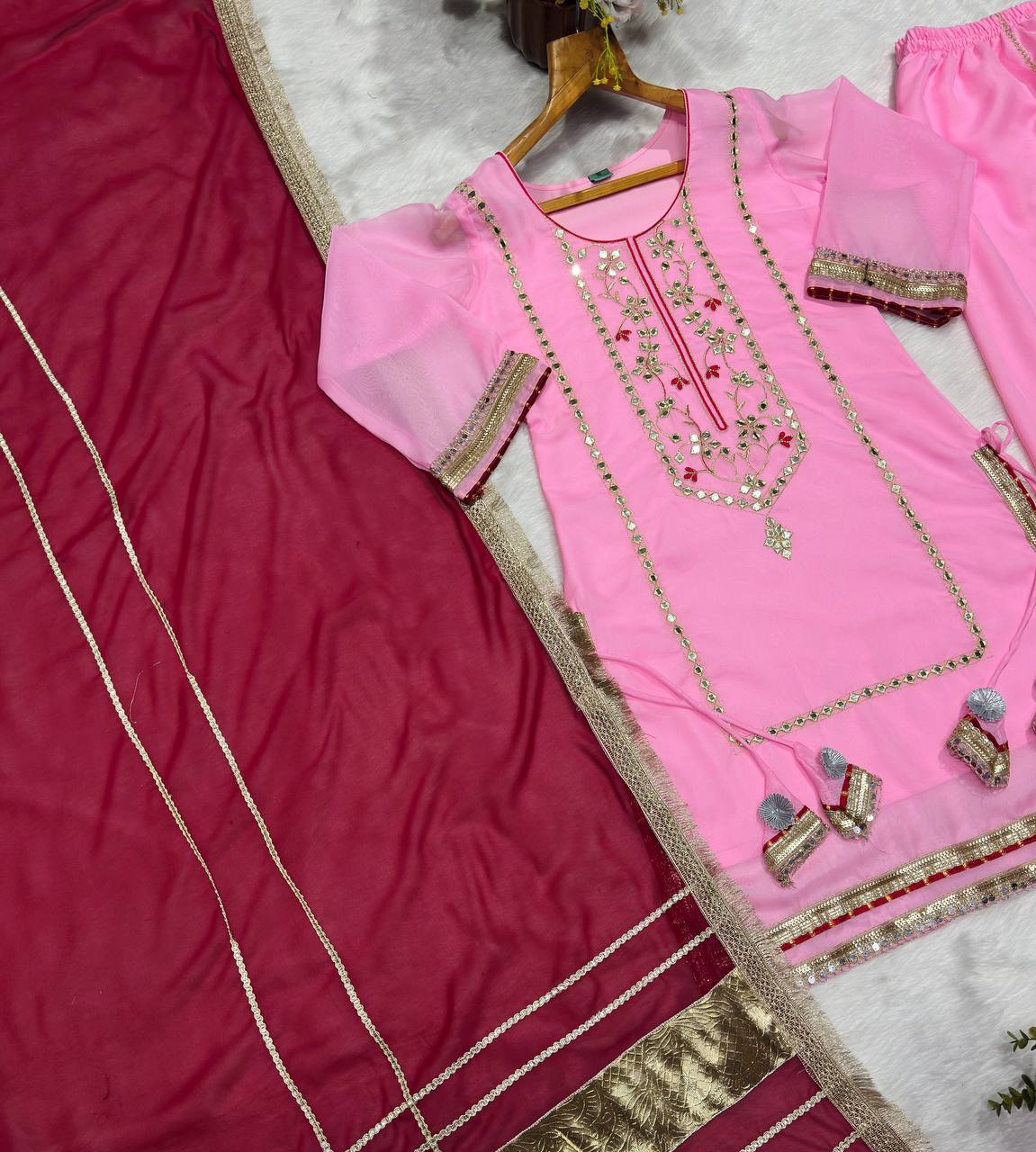 Baby Pink Silk Sharara Suit with Lace Work
