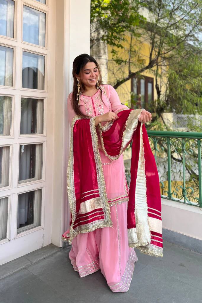 Baby Pink Silk Sharara Suit with Lace Work