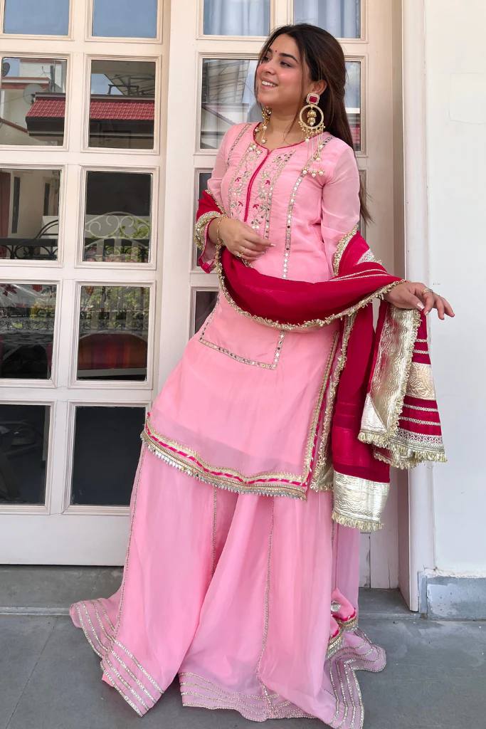 Baby Pink Silk Sharara Suit with Lace Work
