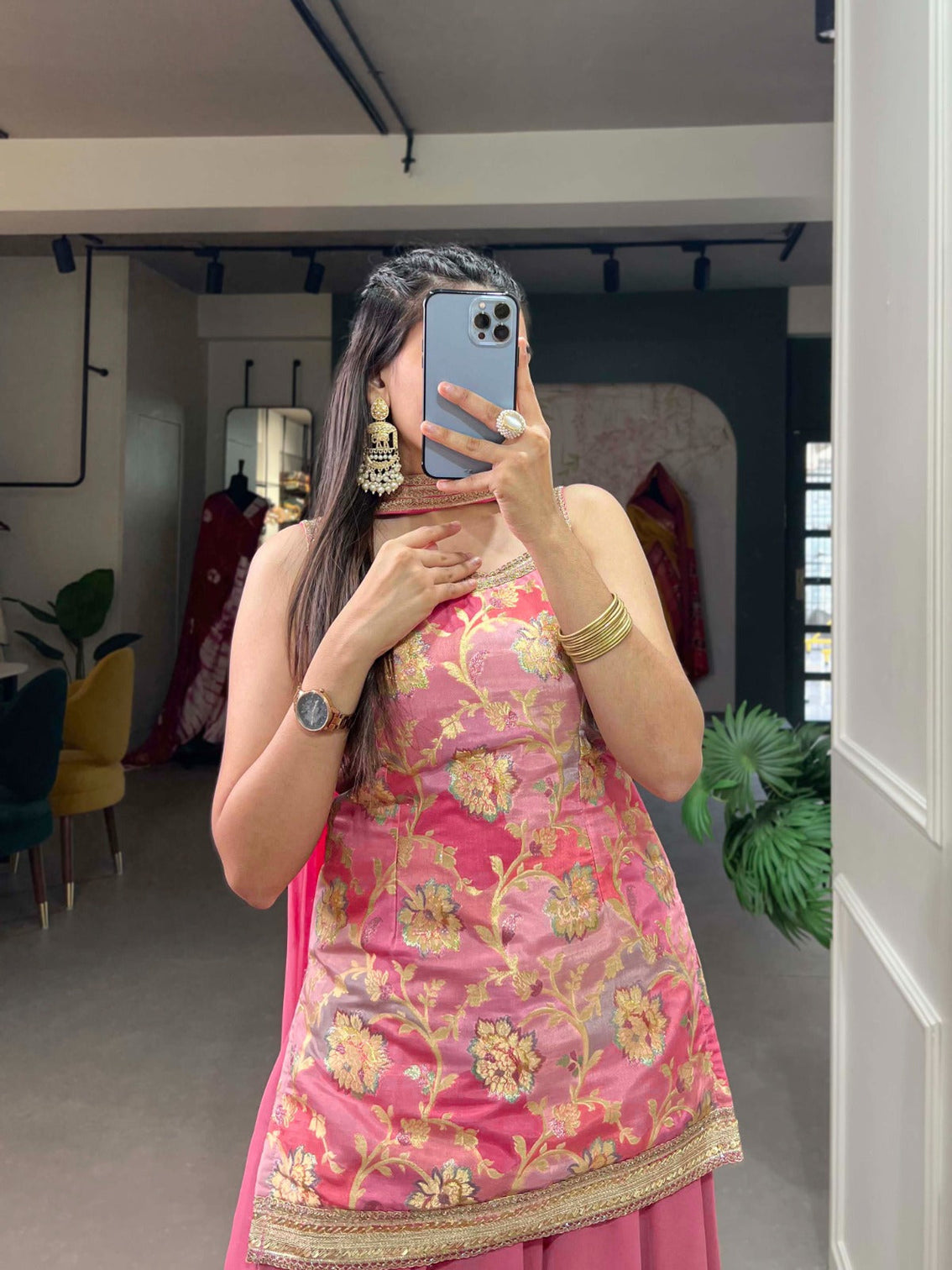 Baby Pink Viscose Jacquard Kurta Palazzo Set with Printed Dupatta