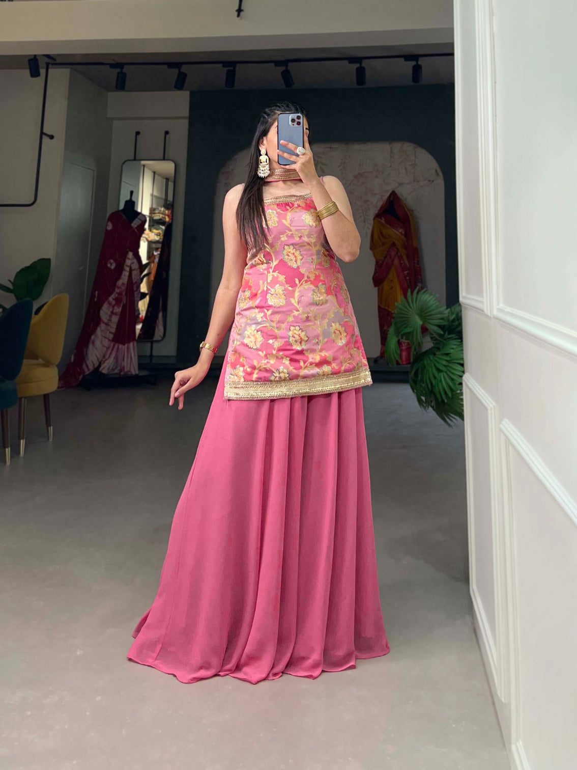 Baby Pink Viscose Jacquard Kurta Palazzo Set with Printed Dupatta