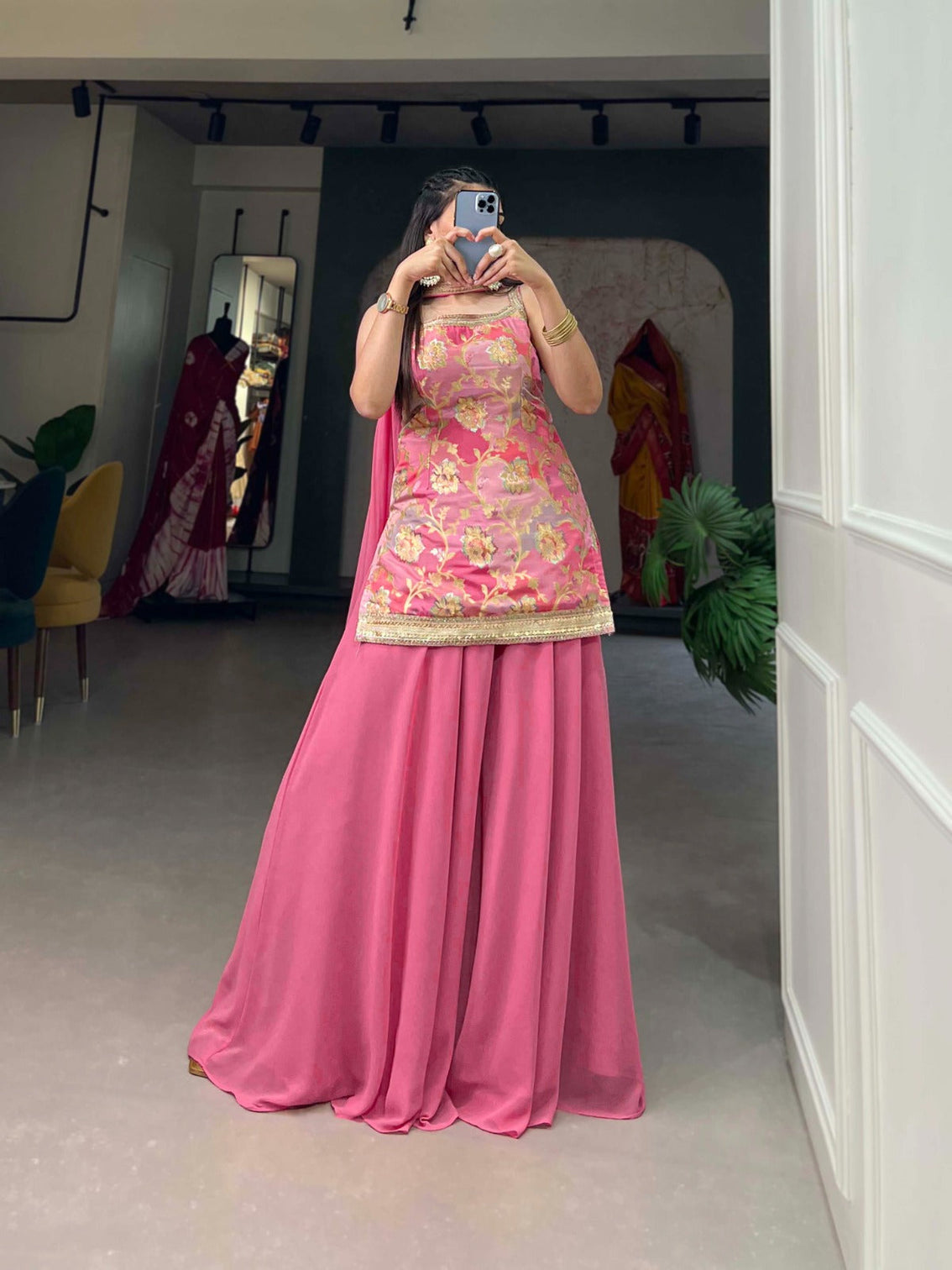 Baby Pink Viscose Jacquard Kurta Palazzo Set with Printed Dupatta