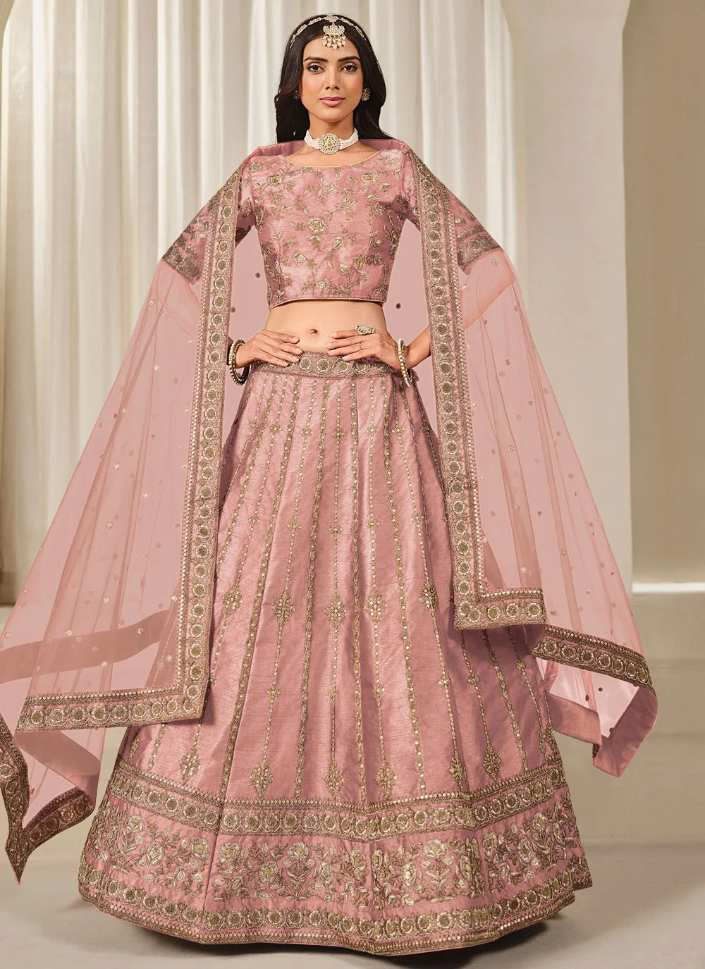 Enchanting baby pink bridesmaid lehenga in art silk with embroidered net dupatta