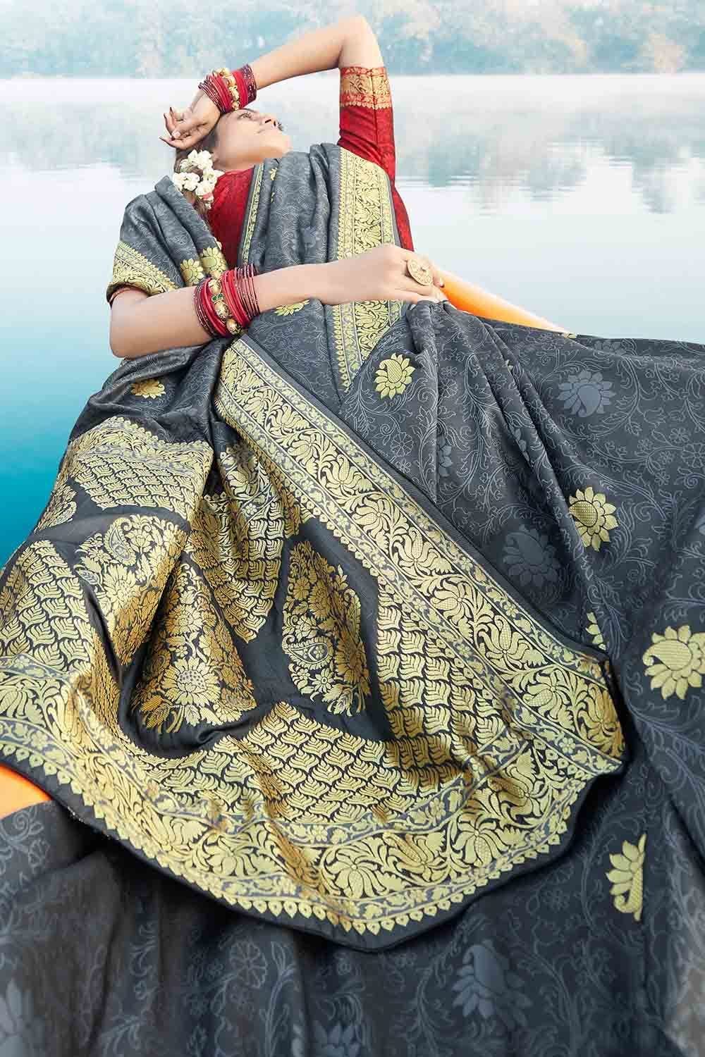 Anchor Grey Zari Butta Woven Banarasi Saree