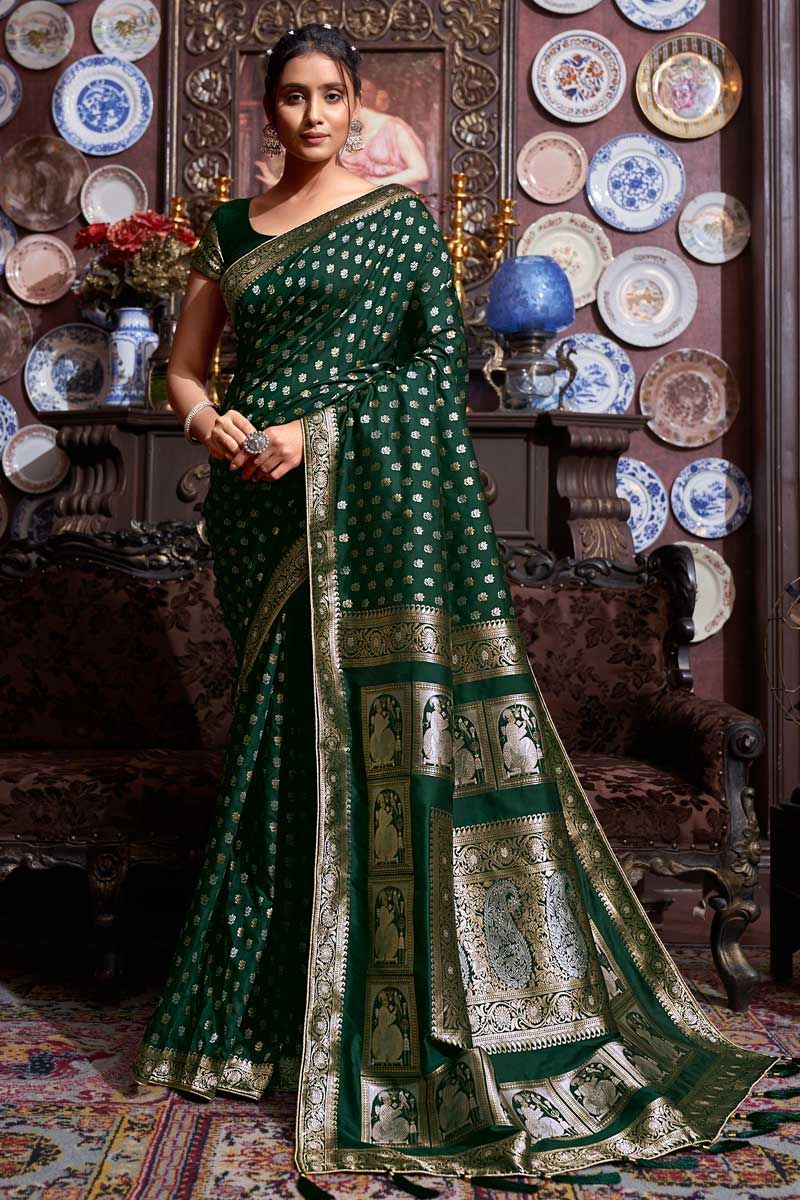 Banarasi Silk Fabric Dark Green Color Beautiful Look Saree