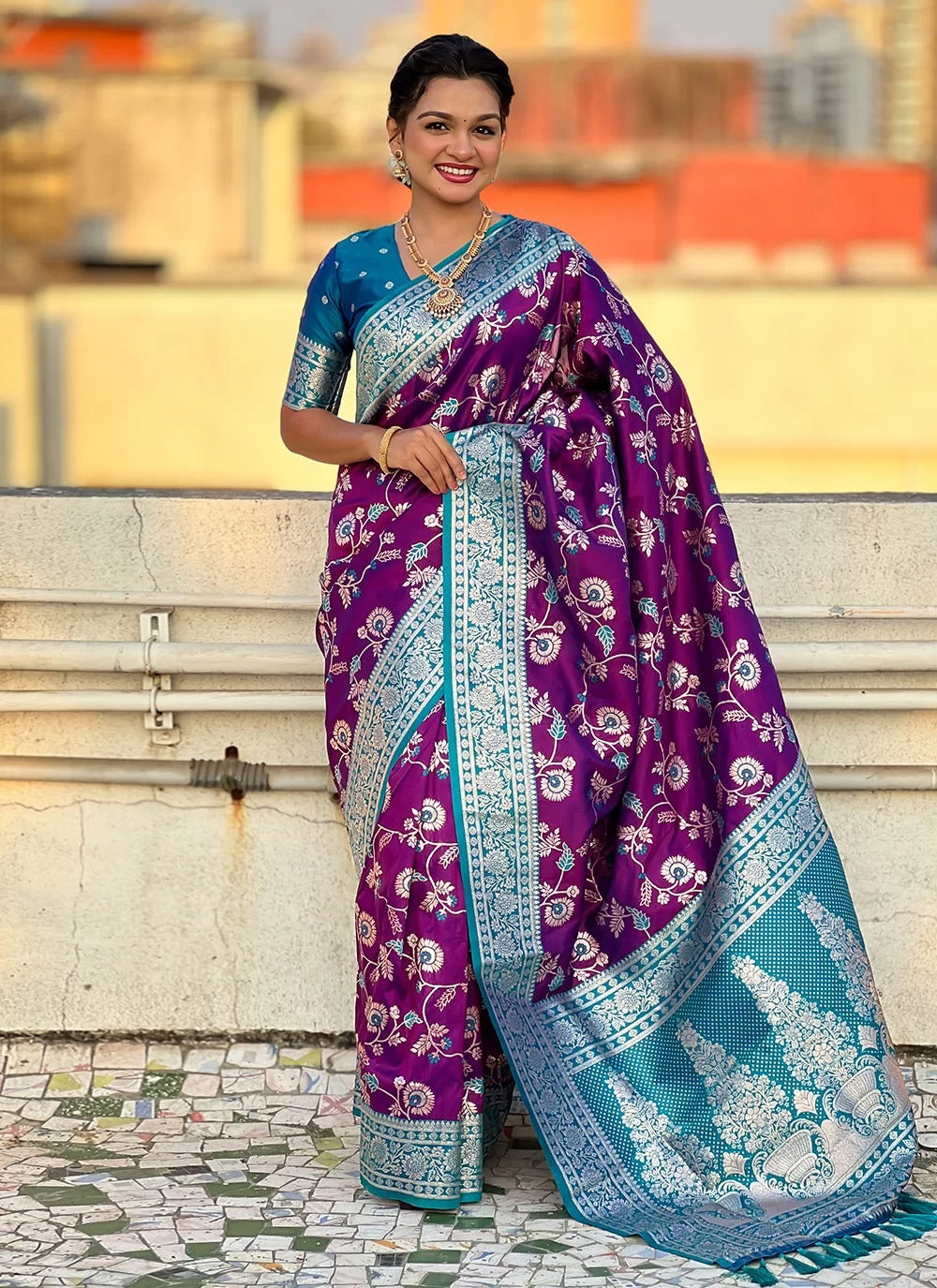 Majestic purple banarasi soft silk saree with zari weaving