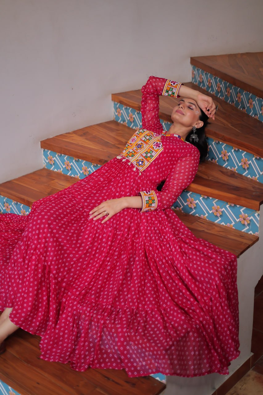 Bandhani Print Kutchi Patchwork Gown in Faux Georgette Full Flair Ethnic Gown with Cotton Lining