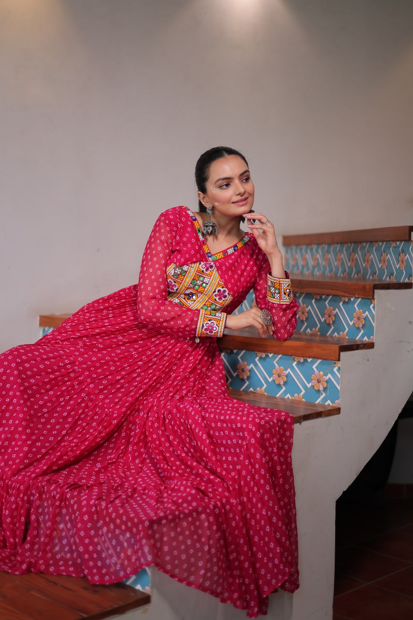 Bandhani Print Kutchi Patchwork Gown in Faux Georgette Full Flair Ethnic Gown with Cotton Lining