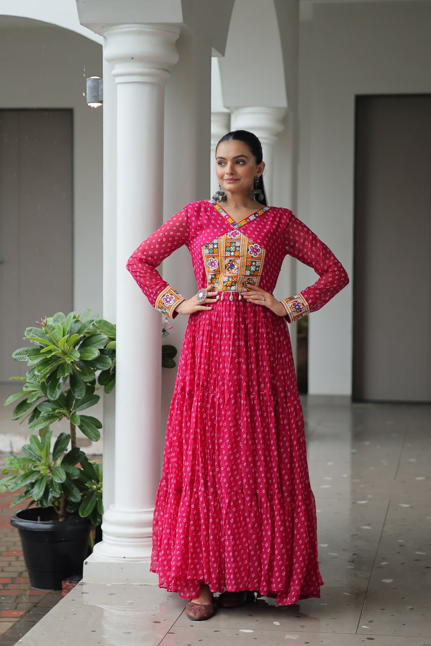 Bandhani Print Kutchi Patchwork Gown in Faux Georgette Full Flair Ethnic Gown with Cotton Lining