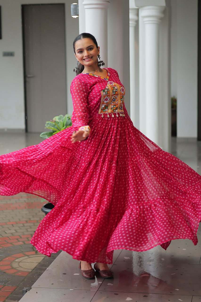 Bandhani Print Kutchi Patchwork Gown in Faux Georgette Full Flair Ethnic Gown with Cotton Lining