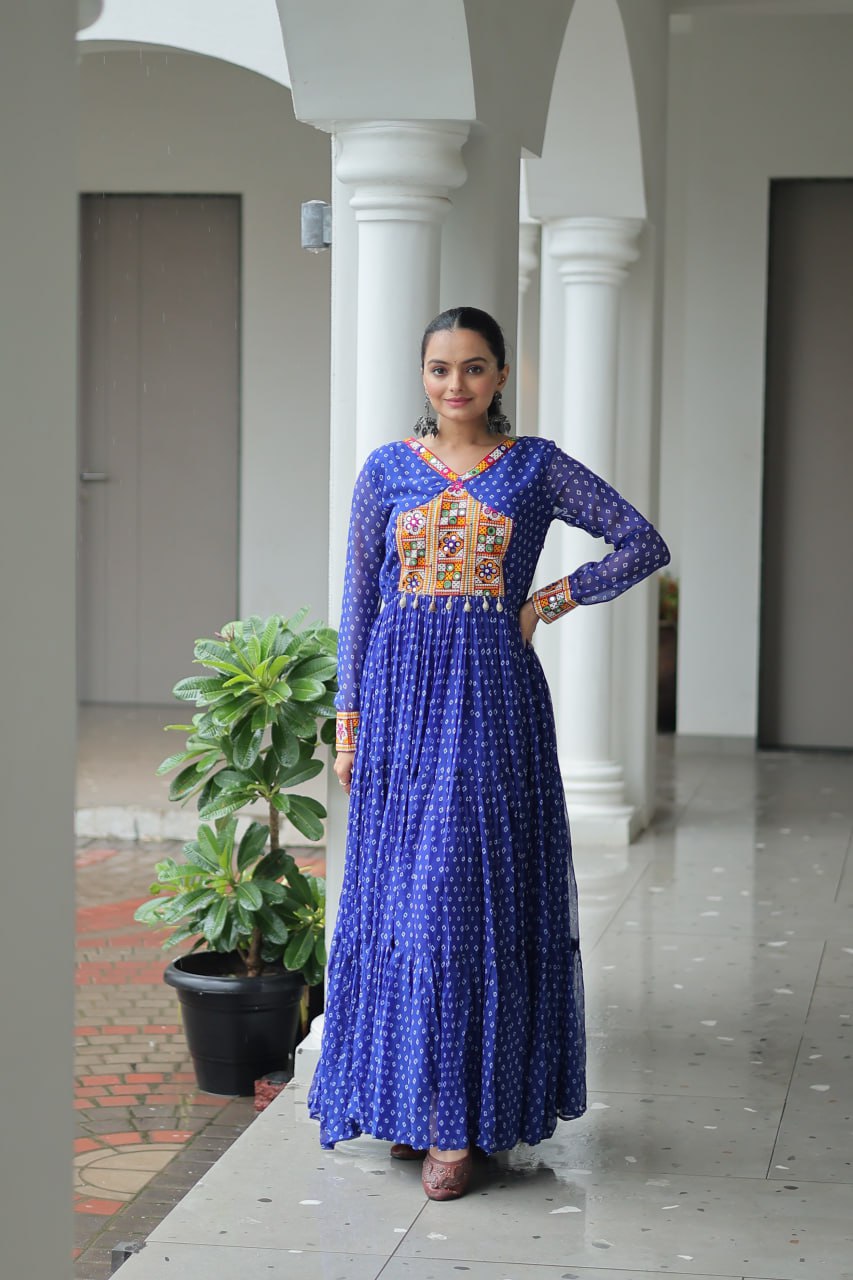 Bandhani Print Kutchi Patchwork Gown in Faux Georgette Full Flair Ethnic Gown with Cotton Lining