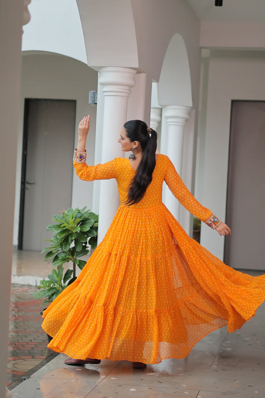 Bandhani Print Kutchi Patchwork Gown in Faux Georgette Full Flair Ethnic Gown with Cotton Lining