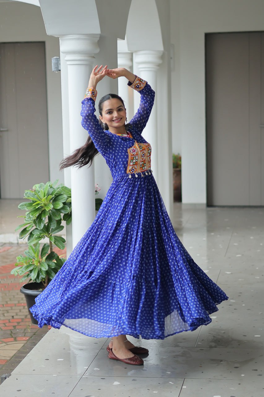 Bandhani Print Kutchi Patchwork Gown in Faux Georgette Full Flair Ethnic Gown with Cotton Lining