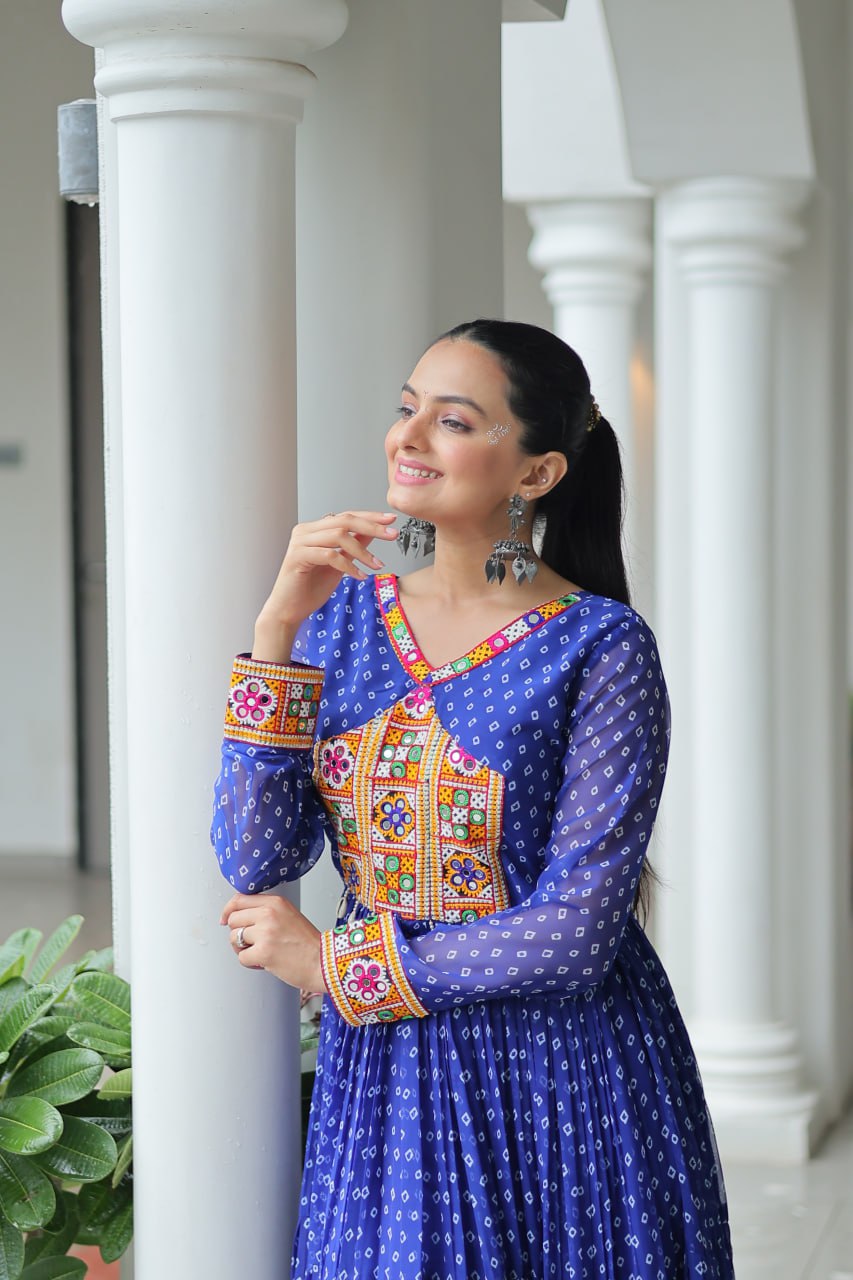 Bandhani Print Kutchi Patchwork Gown in Faux Georgette Full Flair Ethnic Gown with Cotton Lining