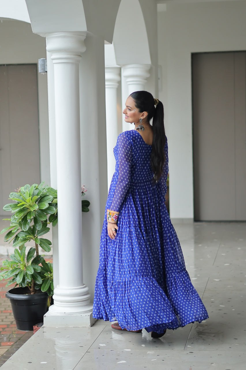Bandhani Print Kutchi Patchwork Gown in Faux Georgette Full Flair Ethnic Gown with Cotton Lining
