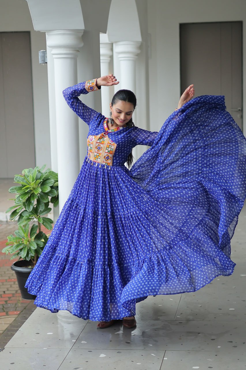 Bandhani Print Kutchi Patchwork Gown in Faux Georgette Full Flair Ethnic Gown with Cotton Lining
