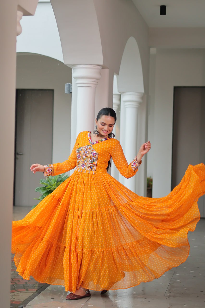 Bandhani Print Kutchi Patchwork Gown in Faux Georgette Full Flair Ethnic Gown with Cotton Lining