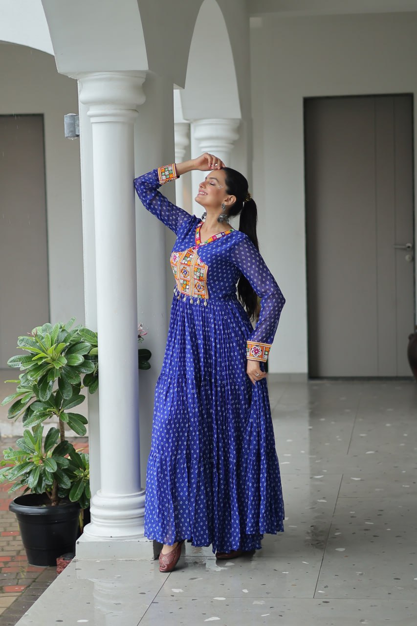 Bandhani Print Kutchi Patchwork Gown in Faux Georgette Full Flair Ethnic Gown with Cotton Lining
