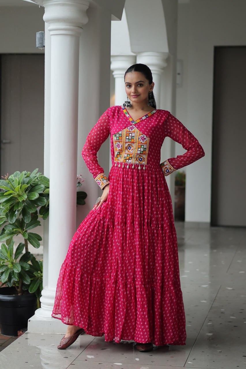 Bandhani Print Kutchi Patchwork Gown in Faux Georgette Full Flair Ethnic Gown with Cotton Lining