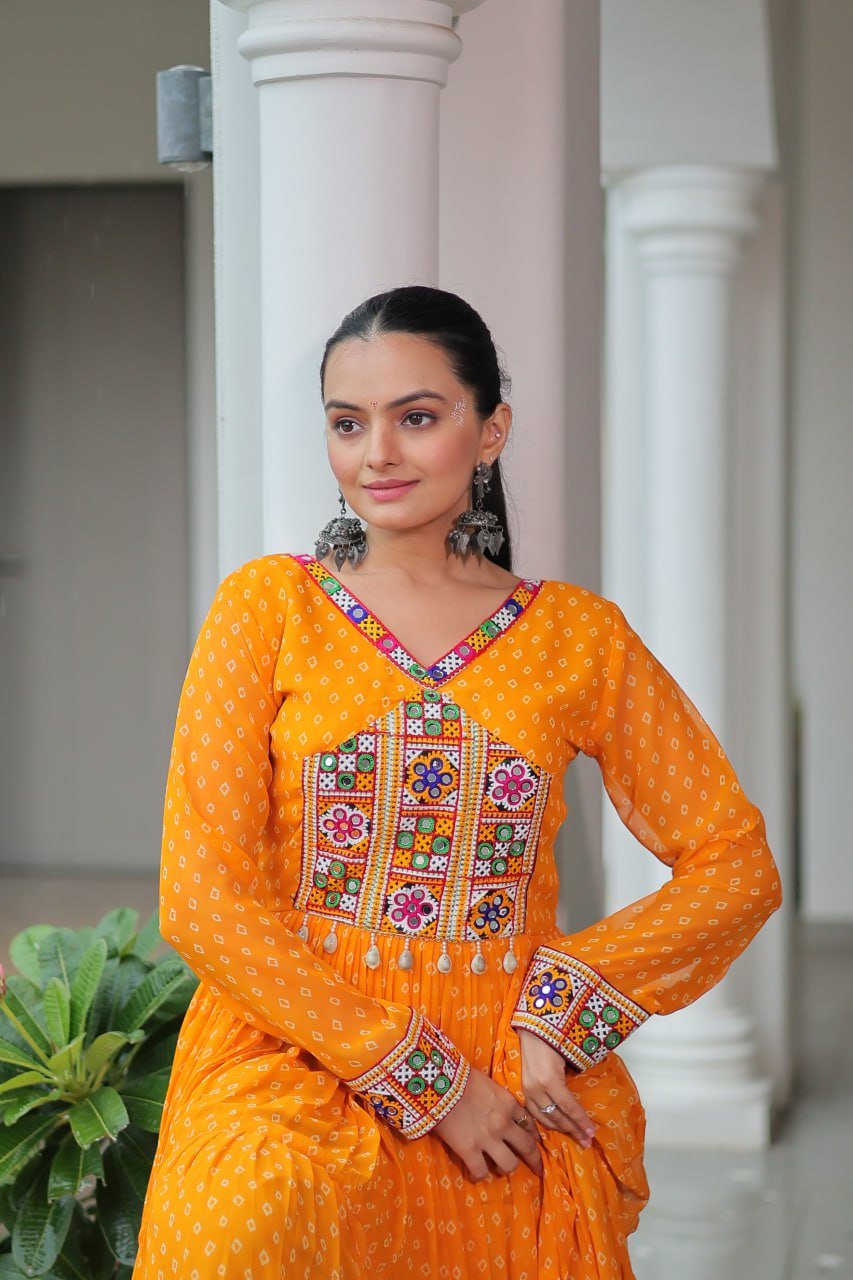 Bandhani Print Kutchi Patchwork Gown in Faux Georgette Full Flair Ethnic Gown with Cotton Lining