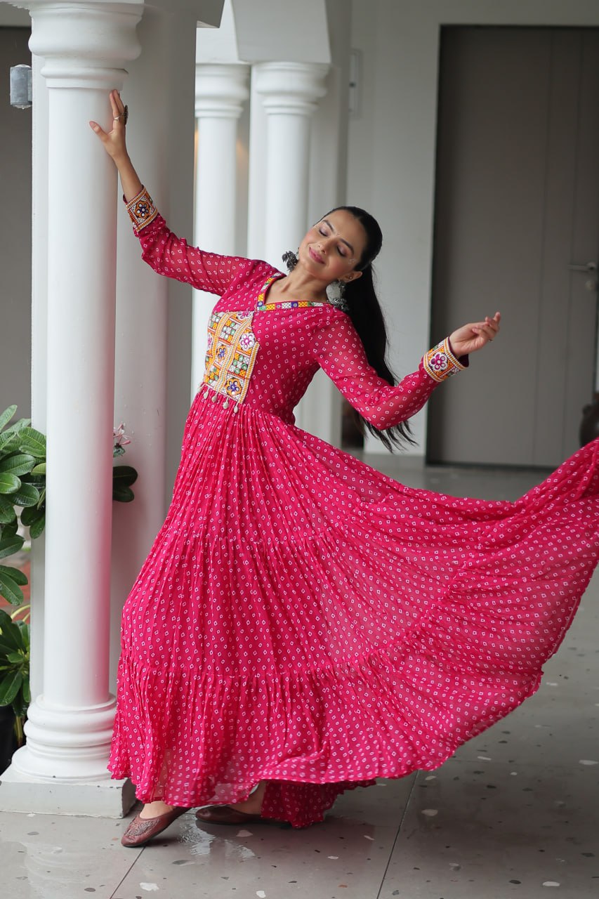 Bandhani Print Kutchi Patchwork Gown in Faux Georgette Full Flair Ethnic Gown with Cotton Lining