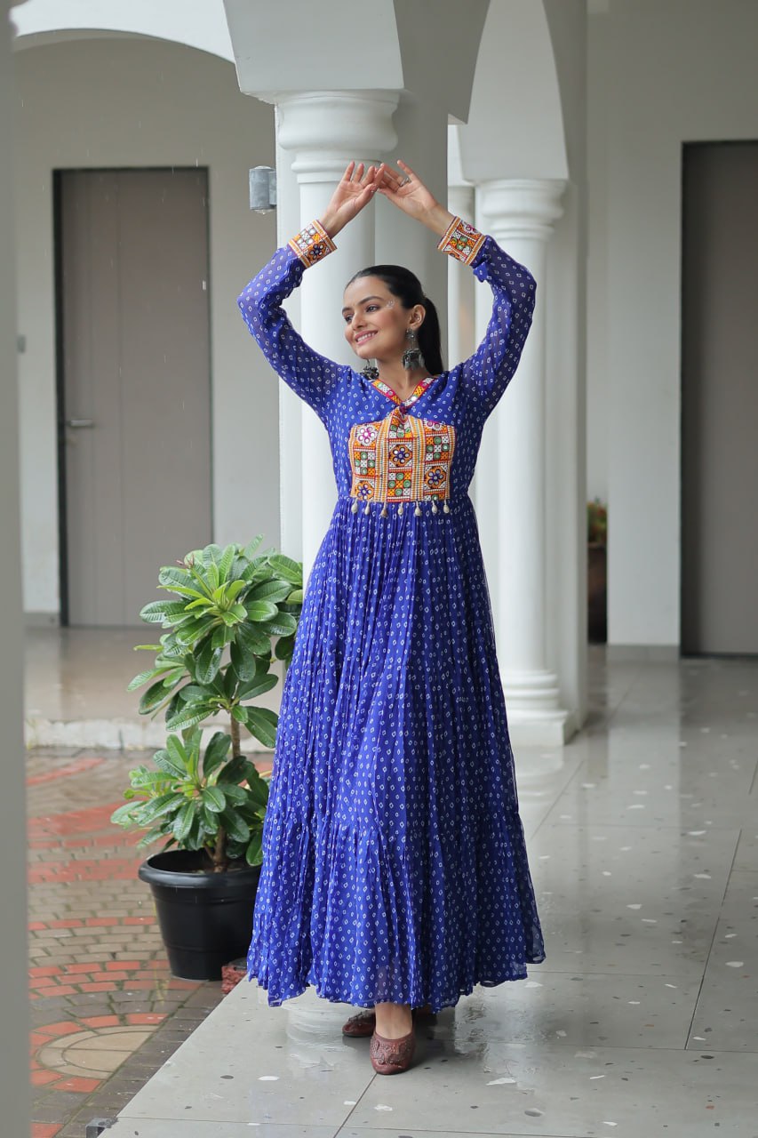 Bandhani Print Kutchi Patchwork Gown in Faux Georgette Full Flair Ethnic Gown with Cotton Lining